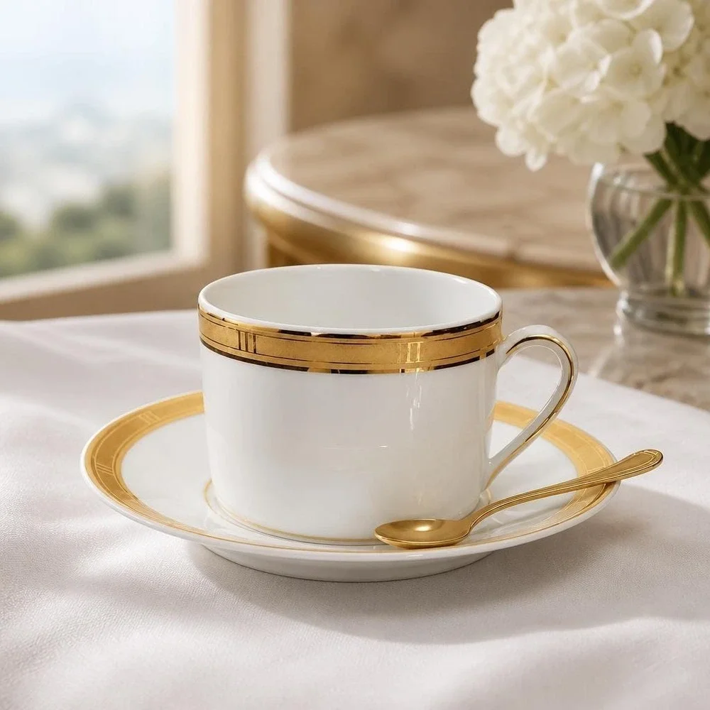 Porcelain Tea Coffee Cup and Saucer, Bernardaud Limoges Roulette Pattern